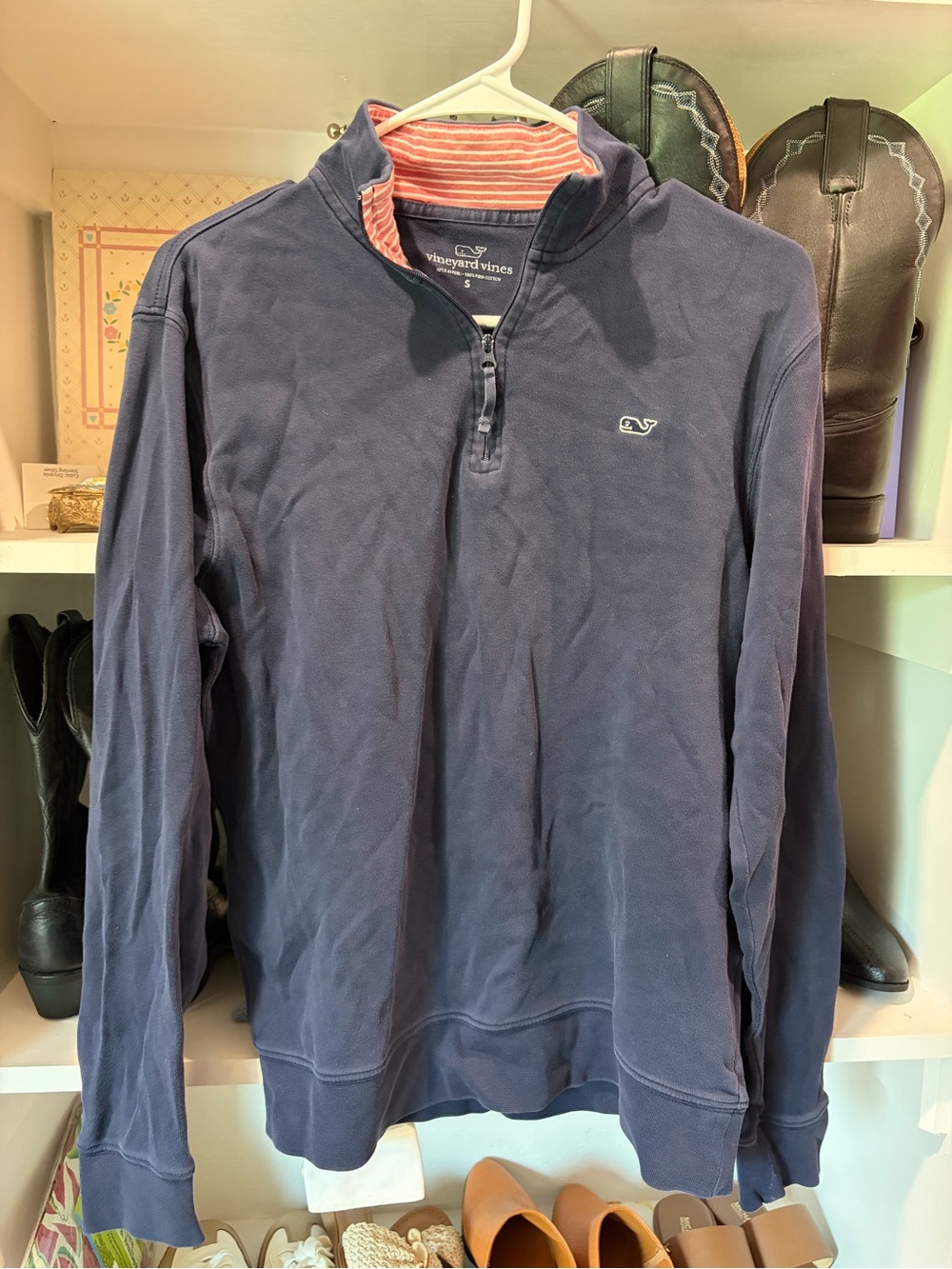 Vineyard Vines Navy Half-Zip Pullover with Pink Striped Collar